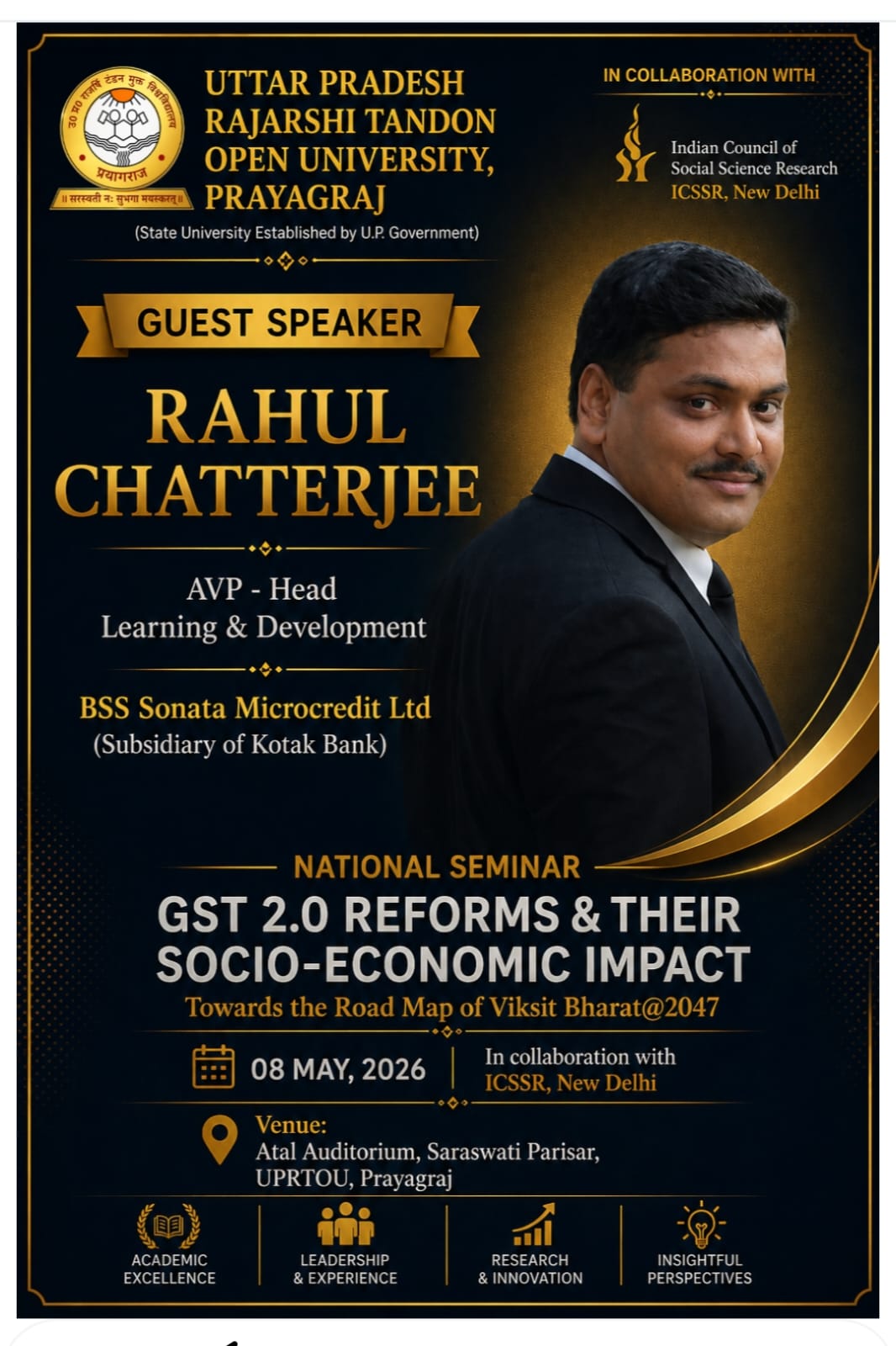 Seminar poster naming Rahul Chatterjee as guest speaker at the U.P. Rajarshi Tandon Open University national seminar on GST 2.0 reforms